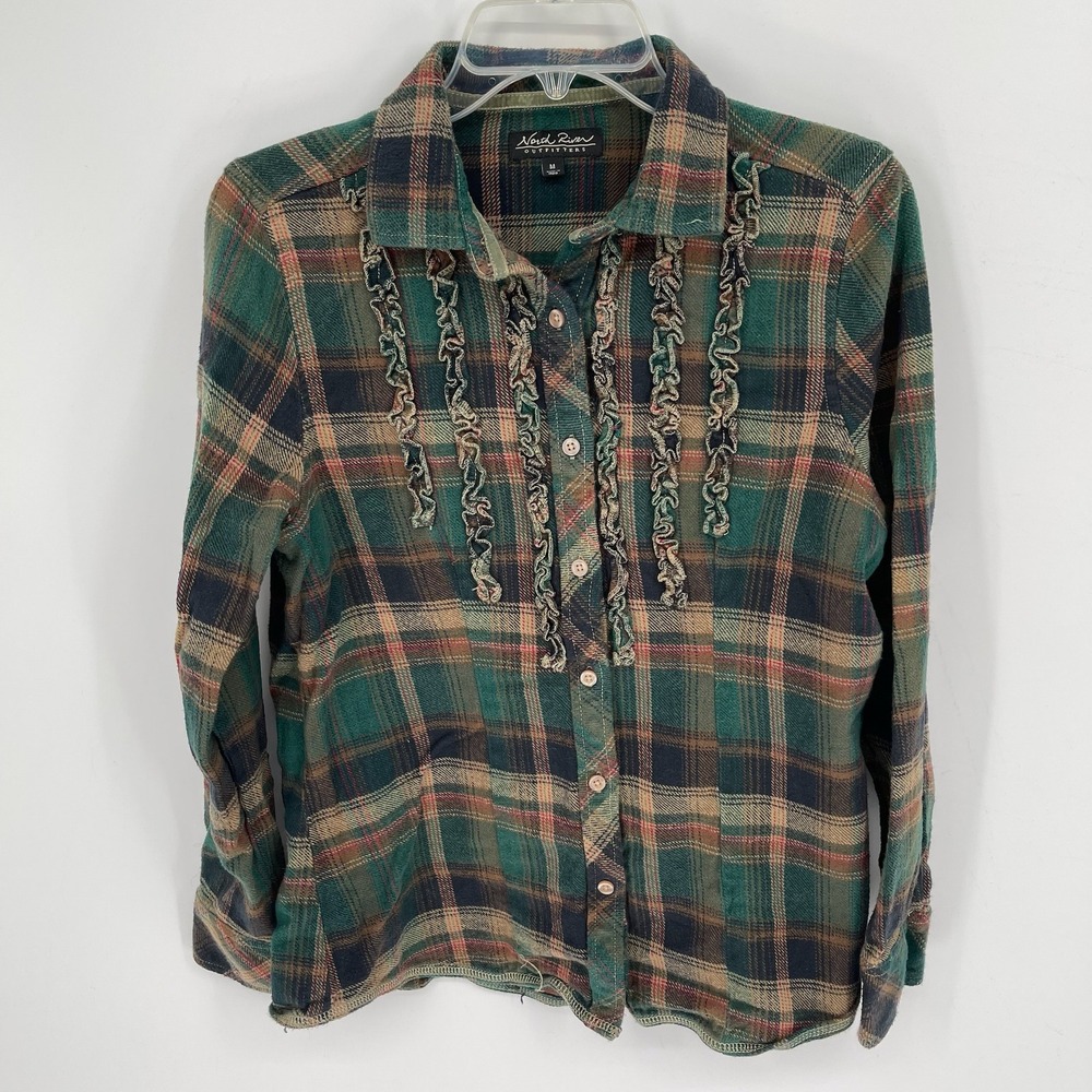 North River Women's Green Plaid Ruffle Trim Flannel Button Up Shirt Size M